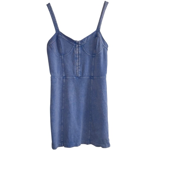 Denim Corset Mini Dress Blue Chambray Hook Front Bustier Y2K Cottagecore western - Picture 2 of 7
